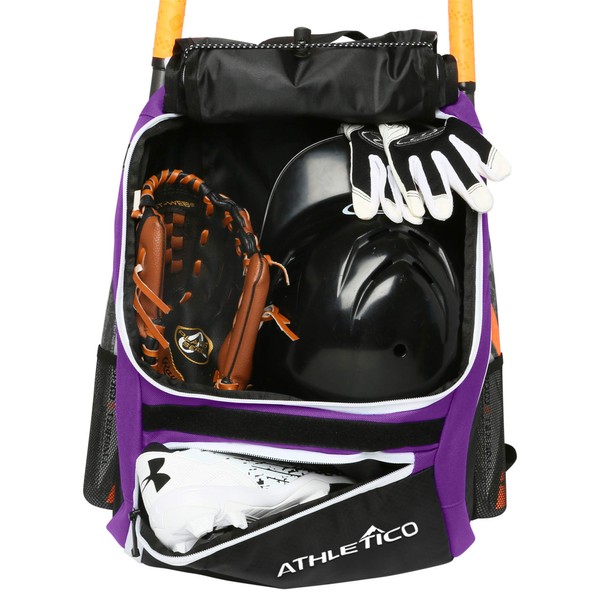 Athletico Baseball Bat Bag - Backpack for Baseball, T-Ball & Softball Equipment & Gear for Youth and Adults | Holds Bat, Helmet, Glove, & Shoes |Shoe Compartment & Fence Hook (Purple)