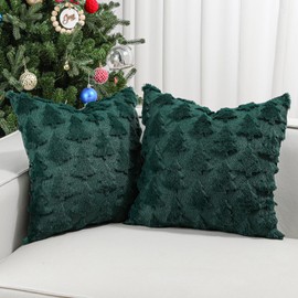 Lewondr Christmas Throw Pillow Cover 20x20, Set of 2 Super Soft Faux Fur Pillow Covers Velvet Christmas Tree Embroidery Decorative Throw Pillowcase for Living Room Bed Couch Sofa Car Home Decor, Green