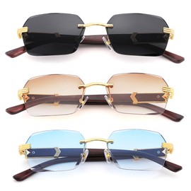 LIU·WEN Fashion Rimless Sunglasses for Men 3 Pack - Retro Frameless Rectangle Men Shades Tinted Eyewear(Brown + Gray + Blue)