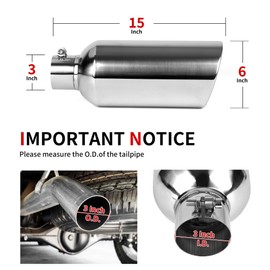 Richeer 3 inch Inlet Exhaust Tip, 6” Outlet 15” Overall Length Stainless Steel Exhaust Tip Surface Polished Finish Universal for Vehicles with 3" O.D. Exhaust Tailpipe, Rolled Edge, Bolt on