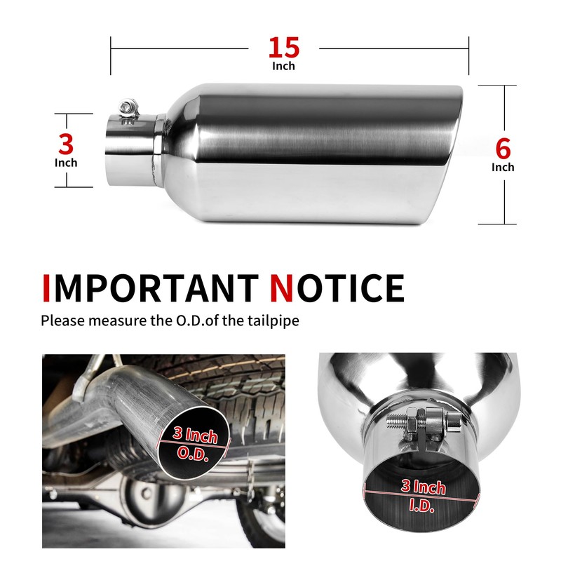 Richeer 3 inch Inlet Exhaust Tip, 6” Outlet 15” Overall