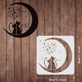 FINGERINSPIRE Moon Cat Stencils Template 11.8x11.8inch Plastic Moon Star Stencils Drawing Painting Stencils Cat Star Pattern Reusable Stencils for Painting on Wood, Floor, Wall and Tile