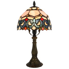LXHCYOU Small Tiffany Lamp Mini Accent Table Lamp Pink Stained Glass Desk Memory Lamp Sympathy 8X14.5 Inch (Pink Baroque Style)