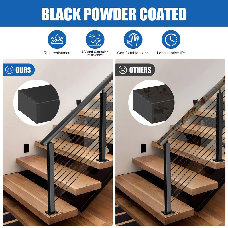 BLIKA 1 Pack 4FT Stainless Steel Cable Railing Handrail, Black