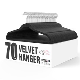 YSSOA Velvet Hangers 70 Pack, Non-Slip Clothes Hangers with Shoulder Notches, 360° Swivel Hooks, Heavy Duty Standard Hangers for Closet Space Saving, Black