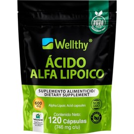 Wellthy Ácido Alfa Lipoico 600mg 120 CÁPSULAS. Solo una Cápsula al día. Reforzado con Cúrcuma, NON GMO, Vegan Friendly, VCaps Tecnología Cápsulas Veganas, Bottle Free.