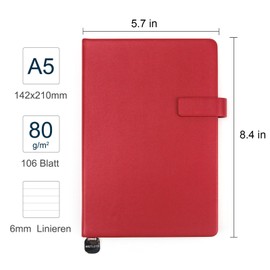 WETLOTE A5 Hardcover Notebook, 106 Pages Line Paper with Closure Band, Bookmark Ribbon, Inner Pocket, for School, Office and Travel, 14 x 21 cm, Red