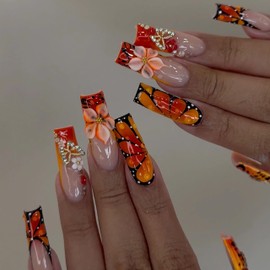 BABALAL Press on Nails Long Square Fake Nails Orange Brown Fall Glue on 3D Texture Flower Design with Butterfly Charm Luxury Handmade Supplies Art 24Pcs Glossy Manciure Full Cover Acrylic False Nails