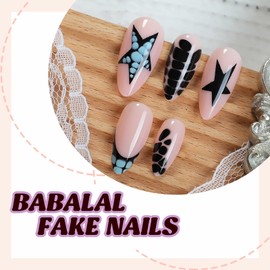 BABALAL Tortoise Press on Nails Medium Almond Fake Nails Star Y2k Glue on Black Goth Design 24Pcs Glossy Full Cover Acrylic False Gel Nails