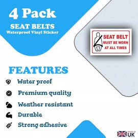 4-Pack Seat Belt Must Be Worn Stickers - Seatbelt Waterproof Vinyl, 50mm x 80mm