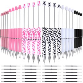 Qeeenar 24 Pcs Beadable Pens Bulk Cute DIY Bead Pens Black Ink Assorted Beaded Multicolor Ballpoint Pen Back to School Supplies Preppy Stuff Gifts Set for Students Teacher 6 Styles(Cow)