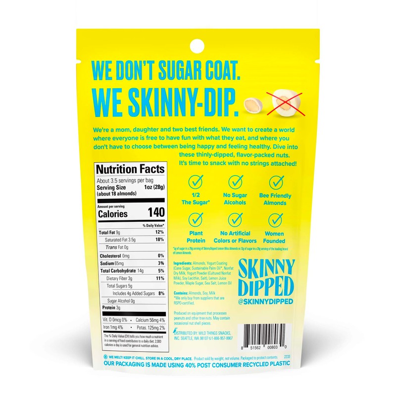 SkinnyDipped Lemon Bliss Yogurt Covered Almonds, Healthy Snack, Plant Protein,