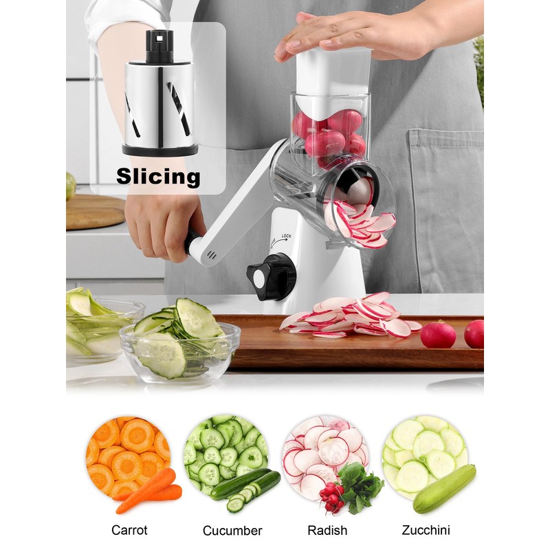 GDL Cheese Grater Rotary, Vegetable Slicer with 3 Interchangeable Drum