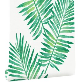 HOYOYO Tropical Shrub Leaves Self-Adhesive Liner Paper, White, greens Tropical Shrub Leaves Removable Peel and Stick Dresser Cabinets Furniture Table Desk Home Decor 17.8 x 118 inch