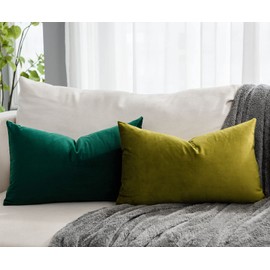 QUAFOO Olive Decorative Lumbar Velvet Throw Pillow Covers 16x24 inch Set of 2 with Zipper Luxury Soft Solid Rectangle Cushion Covers Case for Sofa Couch Bed Living Room