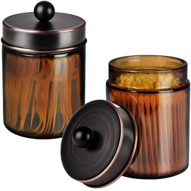 Amolliar Amber Glass Qtip Holder, Apothecary Jars with Oil Rubbed Bronze Metal Lid & Stickers-Bathroom Qtip Dispenser Storage Organizer Set,Vanity Counter Canister for Cotton Swabs,Round Floss(2 Pack)