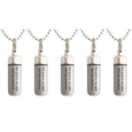 FIVE Handcrafted Brushed Silver ANOINTING OIL Holder Necklaces Engraved with "The Lord is my light and my salvation" (as shown) - Includes Velvet Pouches & Funnel - Wonderful Chistmas or Easter Gift