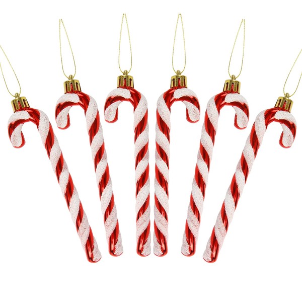 DERAYEE 6 PCS Christmas Glitter Candy Cane Plastic Candy Cane Christmas Tree Decorations for Xmas New Year Party Supplies (Red & White)