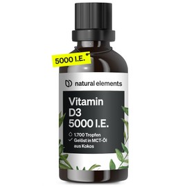 natural elements Vitamin D3 - Laborgeprüfte 5000 I.E. pro Tropfen - 50ml (1700 Tropfen) - In MCT-Öl aus Kokos - Hochdosiert, flüssig