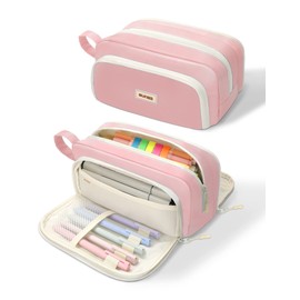 SUNEE Large Pencil Case, Big Capacity Pen Pouch with 3 Compartments, Kawaii Cute Pencil Bag with Zipper, High Storage Stationery Holder and Organizer, School Supplies for Teen and Adult Girls, Pink