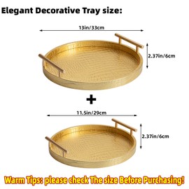 JUMBO HUMBLE Modern Decorative Tray Set of 2, Wooden Round Crocodile Leather Tray with Polished Metal Handles, Decorative Serving Trays Coffee Table Trays Ottoman Platter for Home Decor (Golden)