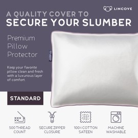 Lincove 100% Cotton Sateen Pillow Protector Cover - Zipper Pillow Cover - 500 Thread Count Luxury Cotton - Zippered Dust Pillow Protector Bed Pillow Case, Standard, 20”x26” – 2 Pack