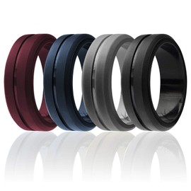 ROQ Silicone Rubber Wedding Ring for Men, Comfort Fit, Men's Wedding Band, Breathable Rubber Engagement Band, 8mm Wide 2mm Thick, Engraved Middle Line, 4 Pack, Bordeaux, Black, Grey, Blue, Size 16