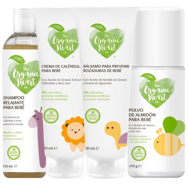 The Organic Heart Co Kit de Higiene para Bebé Cuidado De La Piel Shampoo Crema Polvo de Almidón Bálsamo para Rozaduras con Ingredientes Naturales 4-Pack