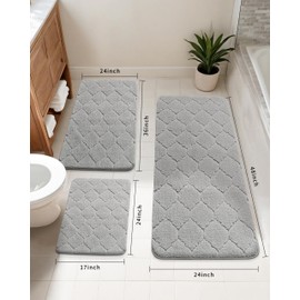 Ruggnovea Bath Rug Mat Set 3 Piece Ultra Soft and Water Absorbent Microfiber Bath Rugs,Rubber Backing Non-Slip Machine Washable Bath Rug Under Door for Bathroom,Tub and Shower,Grey