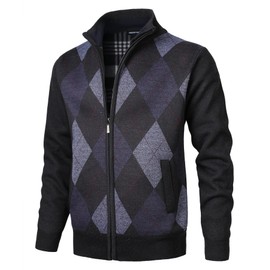 Herothorn Men's Argyle Cardigan Classic Full Zip Diamond Knitwear Fleece Lined Jumper Fine Knit Sweater with Pockets for Autumn Winter Dark Grey