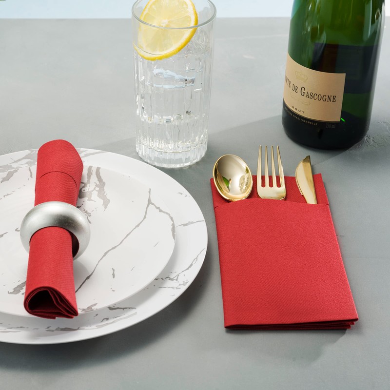 Disposable Linen-Feel Dinner Napkins With Built-in Flatware Pocket, 50-Pack BURGUNDY