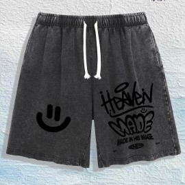 US Local Warehouse Direct | 100% Cotton Washed Shorts, Trendy Graffiti Print, 4 Colors OptionalColor: Brown, Size: M