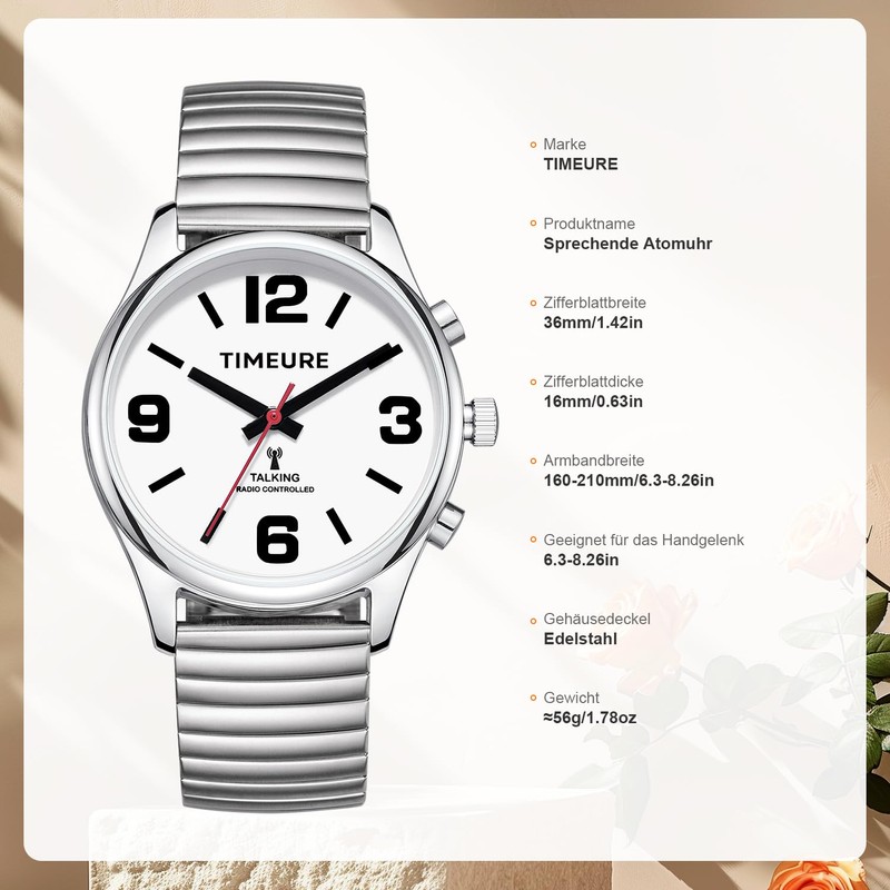 Talking Radio-Controlled Watch with Analogue Display, Date and Time Announcement,