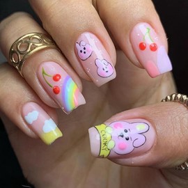 Press on Nails Easter Fake Nails Medium Length Stick on Nails with Cute Rabbit Rainbow Cherry Designs Acrylic Nails Full Cover Nude Glossy Glue on Nails for Women Girls Party Manicure Kit 24pcs