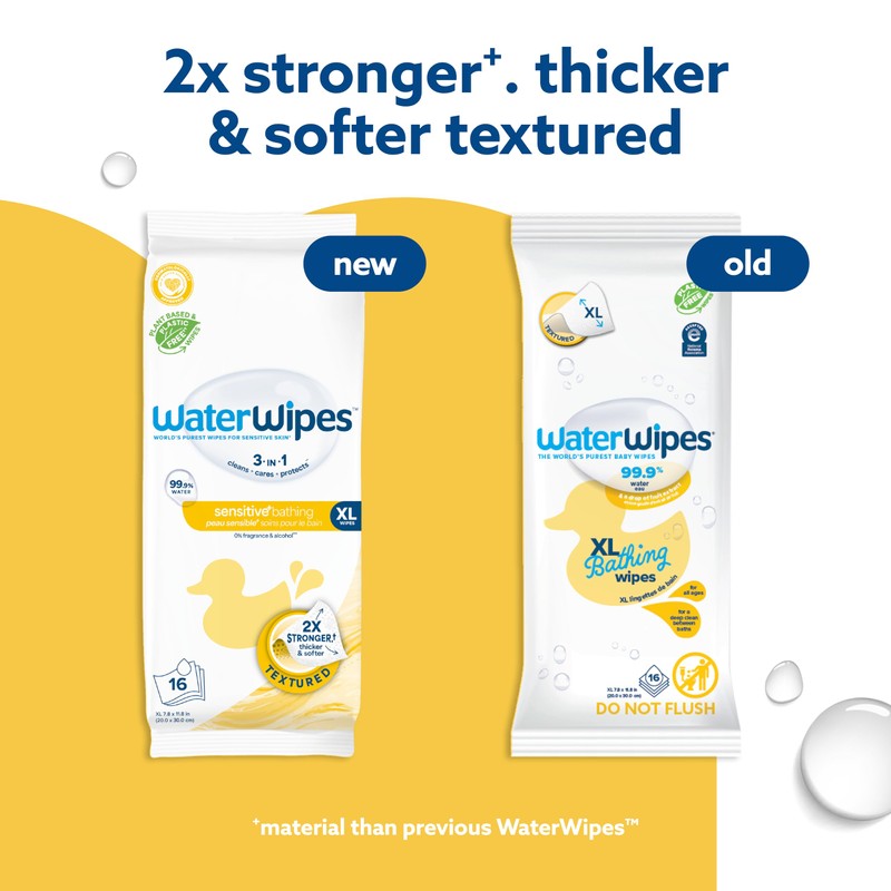 WaterWipes Sensitive+ Bathing Wipes, 3-In-1 Cleans, Cares, Protects, 99.9% Water,