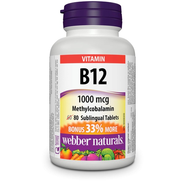 Webber Naturals Vitamin B12 1000 mcg, Quick Dissolve, 80 Tablets, Supports Energy Production and Metabolism, Vegetarian