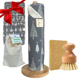 Love Our Planet 1Ply 10 Reusable Unpaper Towels, Eco Friendly Kitchen Paper Roll, Cleaning Cloths, Bamboo Dish Brush, Washing Up Sponge, Bamboo Stand Washable Non Scratch Scourer (Christmas)
