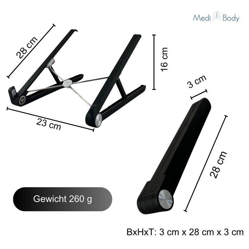 Medi Body Laptop Stand Height Adjustable, Black, Foldable, Non-Slip, Notebook