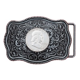 US 1952 Franklin Half Dollar 90% Silver Coin Silver Belt Buckle NEW - Beautiful Western Scroll Design