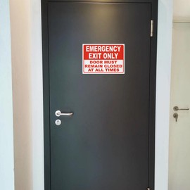 Emergency Exit Only Sticker Sign, "Emergency Exit Only - Door Must Remain Closed at All Times" Label,5 Pack Self Adhesive Vinyl Sticker Decal 10" x 7"Laminated for UV Protected, Indoor & Outdoor.