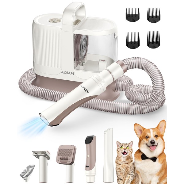AIDIAM Dog Grooming Kit Low Noise, 3-Mode 5-in-1 Pet Grooming Kit with Vacuum, Remove 99% Pet Hairs, Shedding Deshedding Tools Hair Clipper for Cats, Dogs and Other Animals
