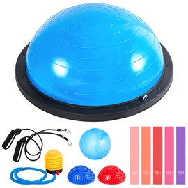 Half Ball Trainer Half Yoga Ball with Resistant Band Foot Pump Set, Half Exercise Ball with Fitness Elastic Belt Hedgehog Balance Pods for Core Stability Full Body Workout Home Gym Office (18 Inch)