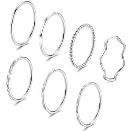 JeweBella Pack of 7 Rings Silver for Women Stainless Steel 1 mm Plain Thin Midi Finger Ring Minimalist Thumb Rings Set Stackable Knuckle Rings Silver Simple Twist Rings Women, Stainless Steel