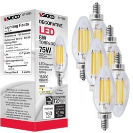 Satco S11385 8W C11 LED Bulb, 3000K Soft White, 760 Lumens, E12 Candelabra Base, Clear Finish, 90+ CRI, Dimmable, Energy-Efficient, Long-Lasting LED for Chandeliers and Decorative Fixtures (6 Pack)