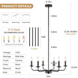 KOSTOMO Matte Black Chandelier Modern Farmhouse Candle Ceiling Light Contemporary 6 Lights Pendant Light Fixtures for Bedroom Living Room Kitchen Island Foyer