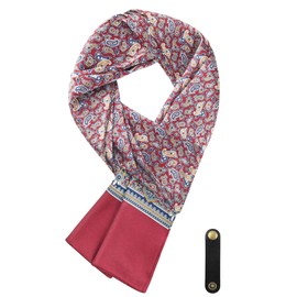 WANYING Men's Faux Silk Ascot Tie Scarf Multifunctional Neckerchief Long Scarf with Leather Loop Multiple Wearing Options 16 x 149 cm - Print Pattern, Orange Brown & Dark Blue (Reversible)