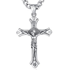 CELESTIA Jesus Crucifix 925 Sterling Silver Necklace, Unisex Religious Catholic Jewelry for Women and Men, 24-inch Cuban Chain, Fathers Gifts, Dad, Son, Husband