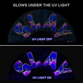 Raveahem UV Glow Rave Fan, Bamboo Folding Clack Hand Fan for Men Women (Slay, Large 13")