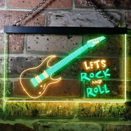 Let's Rock and Roll Guitar Room Illuminated Dual Colour LED Bar Light Neon Light Advertising Neon Sign Green & Yellow 300 x 210 mm st6s32-i0796-gy