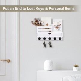 Lucundm Key Holder Wall Mount, Mail Holder with Storage Drawer and 5 Key Hooks for Coat, Dog Leash, Home Decor Rack, House Accessories, Entry Way Organizer